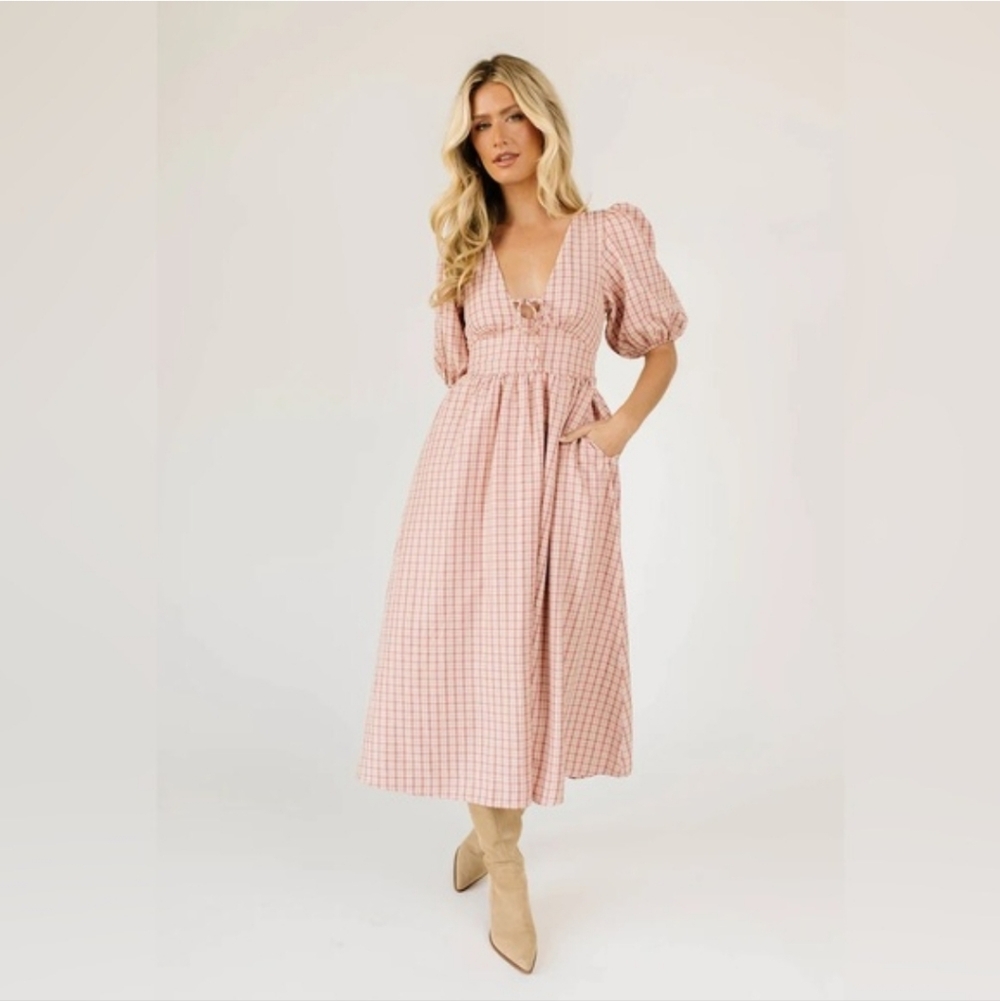 Zoco "Adeline" Pink Plaid Cottagecore Midi Dress